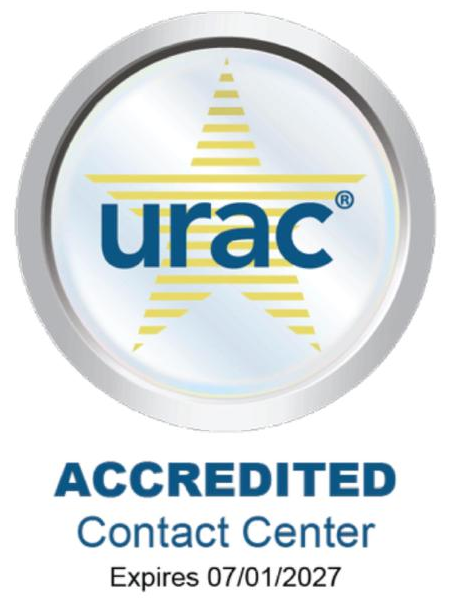 URAC Accredited Contact Center seal, expires 07/01/2027
